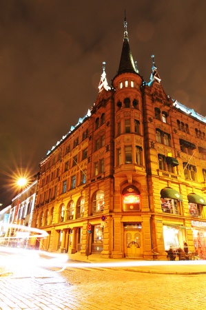 Oslo, Norway - 16 Dec, 2011: Night view of historical buildings and traffic in the Norwegian capital cityのeditorial素材