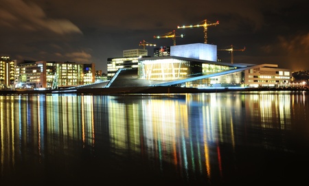Oslo, Norway - 16 Dec, 2011: Night reflections of Opera House modern architecture in Osloのeditorial素材