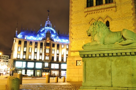 Oslo, Norway - 16 Dec, 2011: Night view of historical buildings in central Oslo at Christmasのeditorial素材