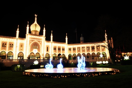 Copenhagen, Denmark - 18 Dec, 2011: Oriental palace by night in Tivoli Gardens, Copenhagenのeditorial素材