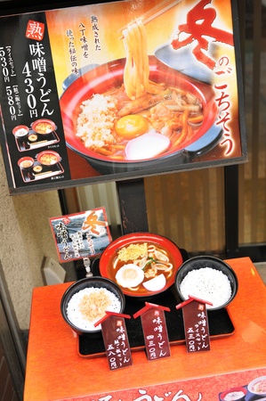 Tokyo, Japan - 28 Dec, 2011: Plastic replica of traditional Japanese food on display in restaurantのeditorial素材