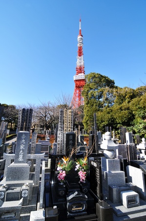 Tokyo, Japan - 31 December, 2011: Traditional Japanese funerary stone in Roppongi Hills cemeteryのeditorial素材