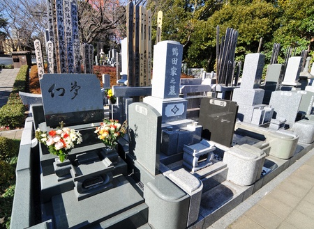 Tokyo, Japan - 31 December, 2011: Traditional Japanese funerary stone in Roppongi Hills cemeteryのeditorial素材