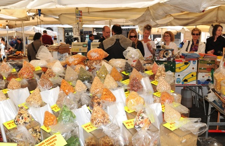 Rome, Italy - 28 March, 2012: Traditional Italian spices for sale in Campo de Fiori, famous outdoor market in central Romeのeditorial素材