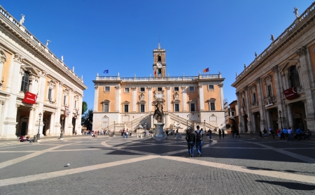 Rome, Italy - 30 March, 2012: Tourists visiting Piazza del Campidoglio, famous square in central Rome designed by Michelangeloのeditorial素材