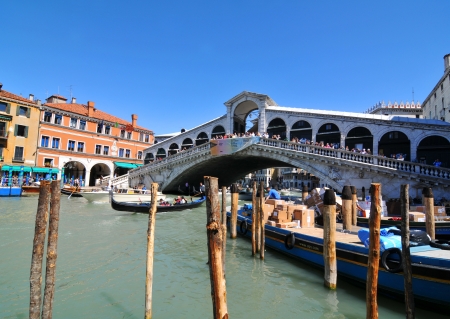 Venice, Italy - 06 May, 2012: Venetian landscape with the famous Ponte Rialto (Rialto Bridge), major touristic attraction in central Veniceのeditorial素材