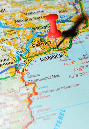 London, UK - 13 June, 2012: Cannes, France marked with red pushpin on Europe map.のeditorial素材