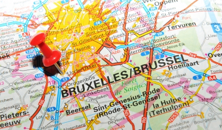 London, UK - 13 June, 2012: Brussels, Belgium marked with red pushpin on Europe map.のeditorial素材