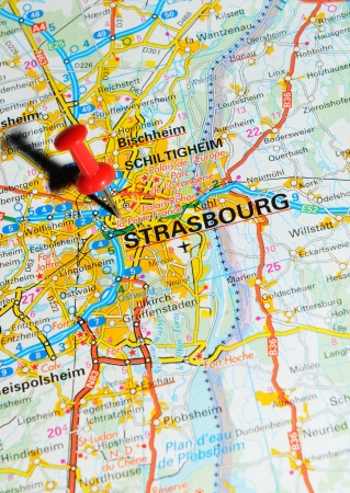London, UK - 13 June, 2012: Strasbourg, France marked with red pushpin on Europe map.のeditorial素材