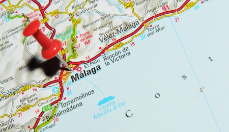 London, UK - 13 June, 2012: Malaga, Spain marked with red pushpin on Europe map.のeditorial素材