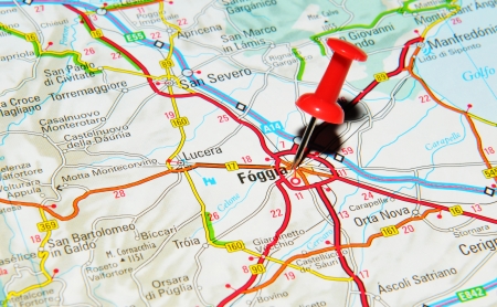 London, UK - 13 June, 2012: Foggia, Italy marked with red pushpin on Europe map.のeditorial素材