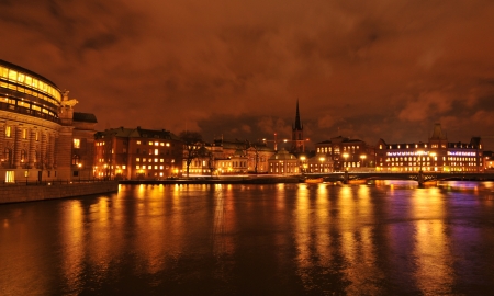 Stockholm, Sweden - December, 2011: Panorama of Stockholm promenade by nightのeditorial素材