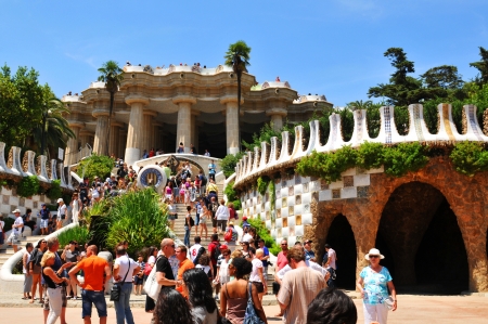 Barcelona, Spain - 07 July, 2012: Tourists visiting Park Guell, major landmark designed by the famous architect Antonio Gaudiのeditorial素材
