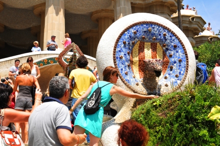 Barcelona, 06 July, 2012: Tourists visiting the famous Park Guell, architectural landmark designed by the famous architect Antonio Gaudiのeditorial素材