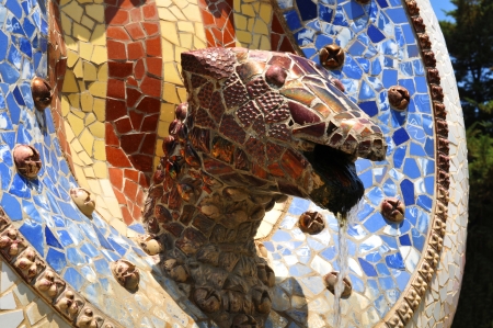 Barcelona, 06 July, 2012: Architectural detail of old fountain in the famous Park Guell, architectural landmark designed by the famous architect Antonio Gaudiのeditorial素材