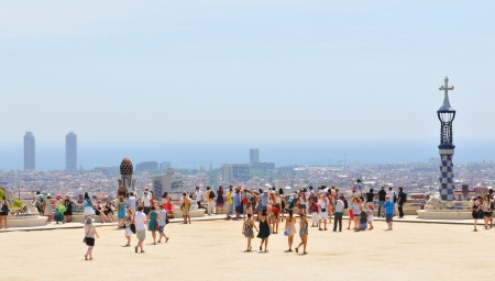 Barcelona, 06 July, 2012: Tourists visiting the famous Park Guell, architectural landmark designed by the famous architect Antonio Gaudiのeditorial素材
