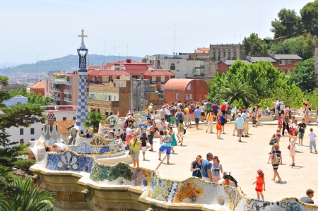 Barcelona, 06 July, 2012: Tourists visiting the famous Park Guell, architectural landmark designed by the famous architect Antonio Gaudiのeditorial素材