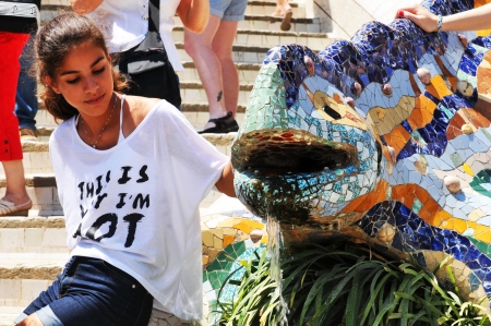 Barcelona, Spain - 06 July, 2012: Tourists visiting the famous Park Guell, architectural landmark designed by the famous architect Antonio Gaudiのeditorial素材