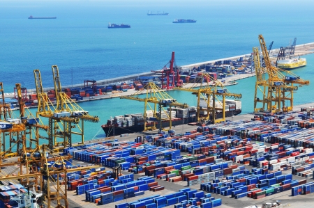 Barcelona, Spain - 05 July, 2012: Aerial view of harbour with cargo containers waiting to be loaded