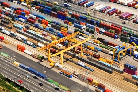 Barcelona, Spain - 05 July, 2012: Aerial view of harbour with cargo containers waiting to be loaded