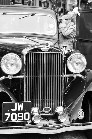 NOTTINGHAM, UK - APRIL 29, 2011: Frontal detail of a retro Sunbeam vintage car on display at the vintage cars festival in Nottinghamのeditorial素材