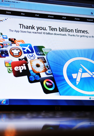 LONDON, UK - FEBRUARY 3, 2011: Close up of Apple store home page on laptop screen (illustrative editorial)のeditorial素材