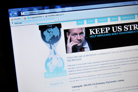 LONDON, UK - FEBRUARY 6, 0211: Close up of WikiLeaks home page with Julian Assange (illustrative editorial)
