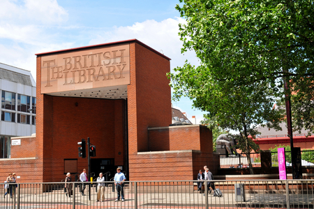 LONDON, UK - JULY 9, 2014: Architectural detail of the entrance to the famous British Library building, the national library of the UK.のeditorial素材