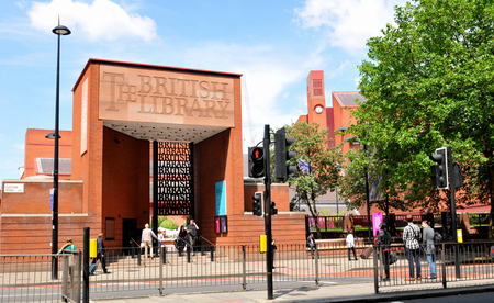 LONDON, UK - JULY 9, 2014: Architectural detail of the entrance to the famous British Library building, the national library of the UK.のeditorial素材