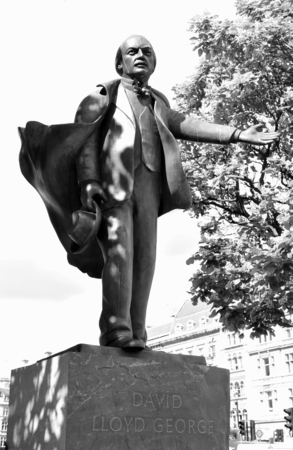 Architectural detail of the statue depicting David Lloyd George, British Liberal politician and...