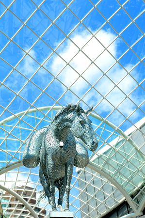 LEEDS, UK - APRIL 17, 2015: Architectural detail of the futuristic sculpture Equus Altus by Andy Scottのeditorial素材