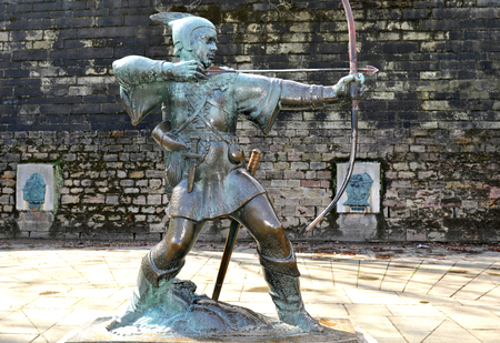 NOTTINGHAM, UK - APRIL 1, 2015: Architectural detail of the castle in Nottingham with Robin Hood statueのeditorial素材