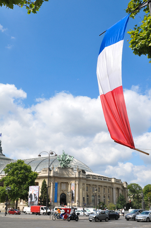 Paris, France - July 8, 2015: French flag overlooks the Grand Palais des Champs-Elysees a week before the national holiday in Paris, Franceのeditorial素材