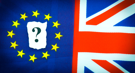 Brexit UK EU referndum concept with flags and topical messageの写真素材