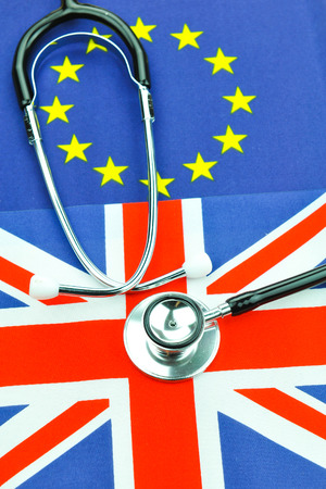Brexit referendum concept with EU and UK flags and stethoscopeの写真素材