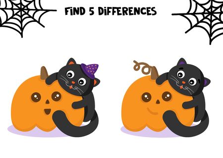 Cute pumpkin and cat. Educational game for kids. Halloween worksheet. Find differences.のイラスト素材