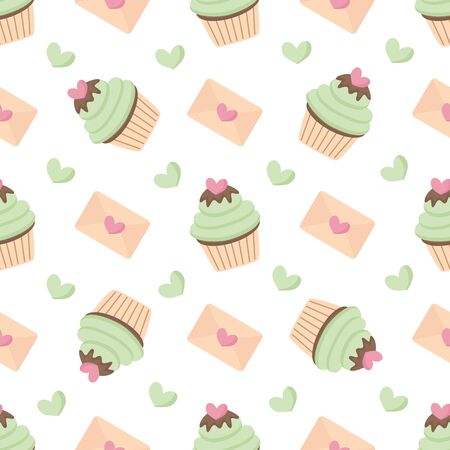 Lovely seamless pattern with cupcakes and hearts for valentine day.のイラスト素材