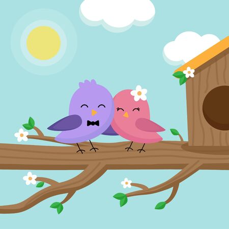Cute lovely pair of birds siting on tree in spring.のイラスト素材