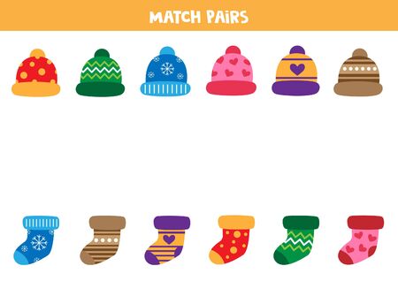 Match pairs of caps and socks. Educational worksheet for kids.のイラスト素材