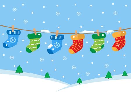 Colorful pairs of socks hanging on the rope. Winter landscape.のイラスト素材