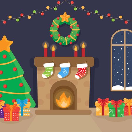 Christmas room with fireplace, fir tree and presents.のイラスト素材