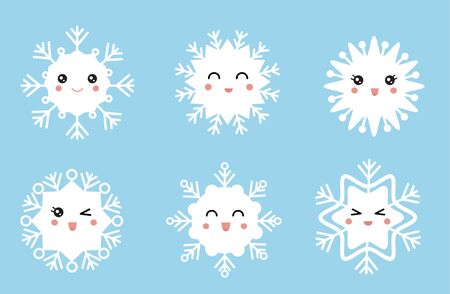 Cute set of white kawaii snowflakes.のイラスト素材