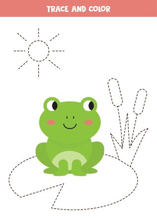 Tracing lines with frog sitting in pond. Handwriting practice for kids.のイラスト素材
