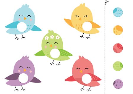 Match parts of cute cartoon birds. Cut and glue game for kids.のイラスト素材