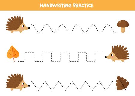 Tracing lines with hedgehog and mushroom and leaves. Handwriting practice for kids.のイラスト素材