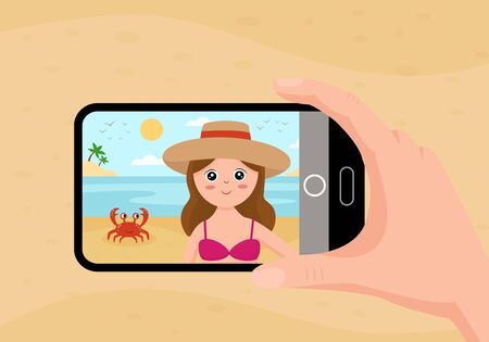 Cute tourist girl taking photo with a smartphone on beach. Summer landscape.のイラスト素材