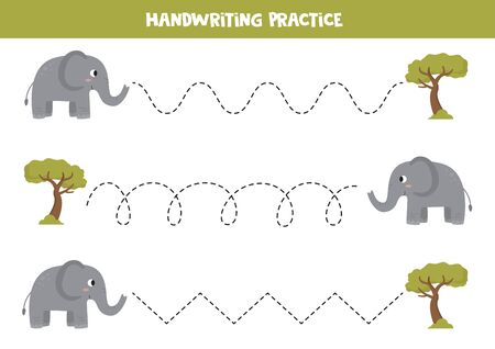 Handwriting practice with cute cartoon elephant and safari tree. Trace the lines.のイラスト素材