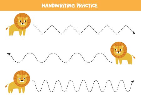 Handwriting practice for kids. Tracing lines with cute cartoon lions.のイラスト素材