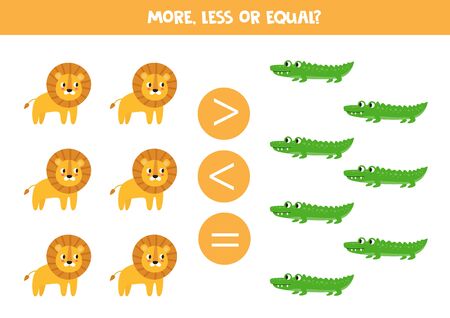 More, less or equal with cute cartoon crocodiles and lions. Math game.のイラスト素材