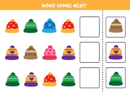 Logical game What comes next with cute colorful winter caps. のイラスト素材